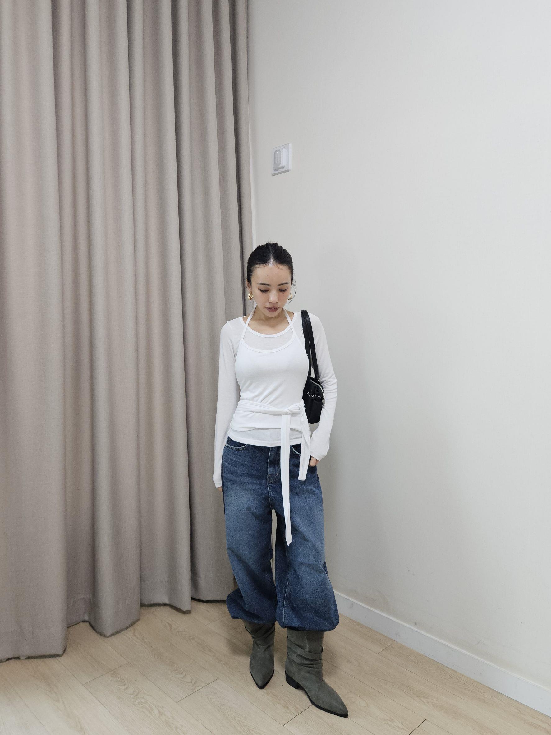 後綁帶掛脖背心+上衣兩件組